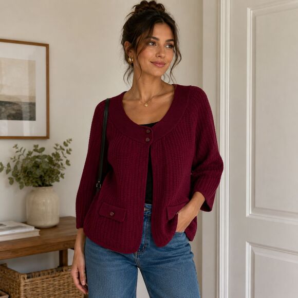 croft & barrow Sweaters - Croft & Barrow Burgundy Knit Cardigan Sweater Button Front Pockets Cozy Size L
